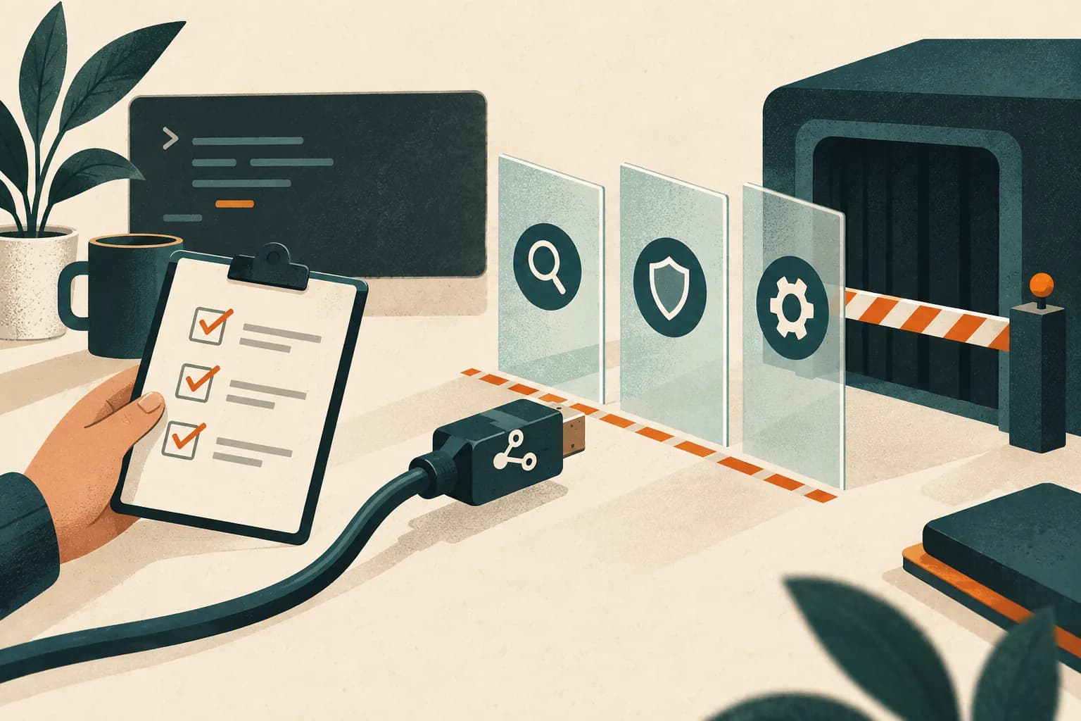 Un connecteur arrêté devant des contrôles de sécurité et une checklist d’audit.