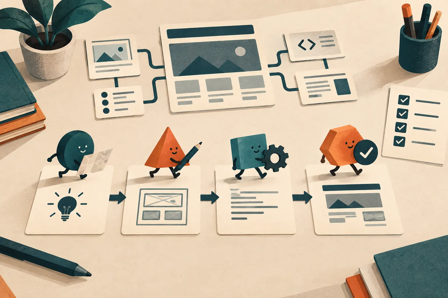 Un workflow de production web découpé en étapes vérifiables.