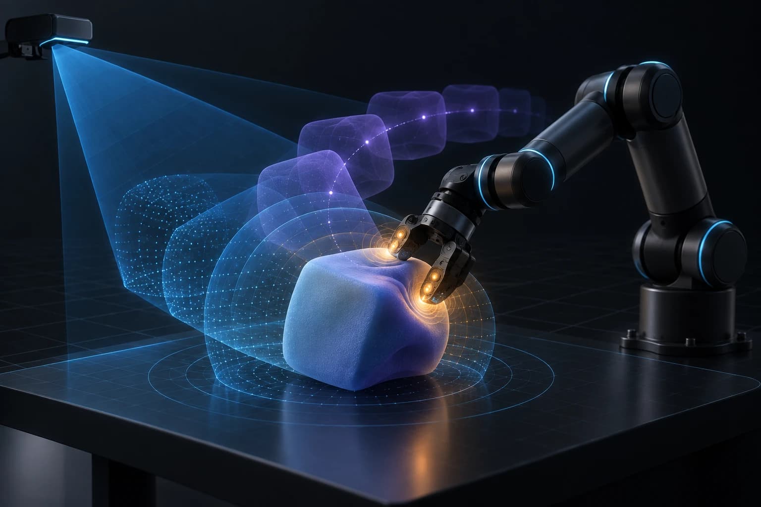 Un bras robotique combine des signaux visuels et tactiles autour d’un contact.
