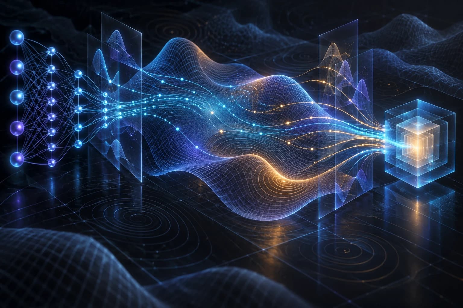 Un champ PDE abstrait relié à des nœuds neuronaux et des trajectoires de fonctions test.