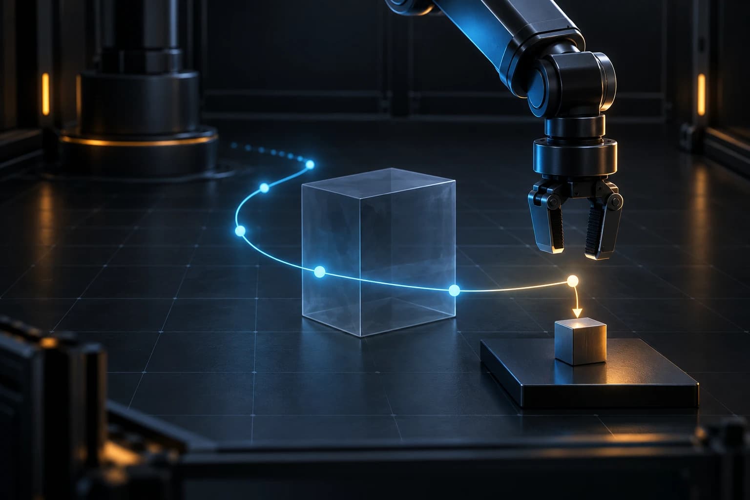 Une pince robotique contourne un obstacle translucide par une trajectoire sécurisée.