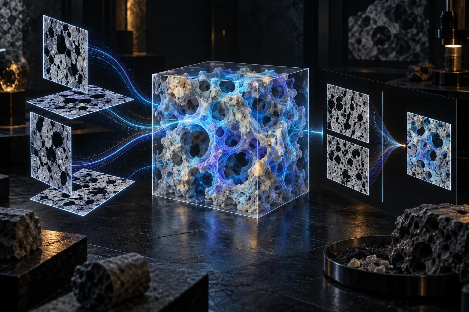 Des images 2D guident la génération de microstructures géologiques hétérogènes en trois dimensions.