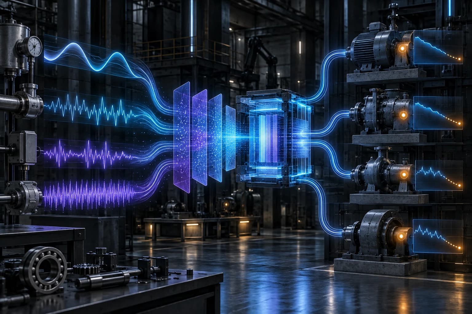 Des signaux industriels de fréquences différentes convergent vers un modèle de maintenance prédictive.