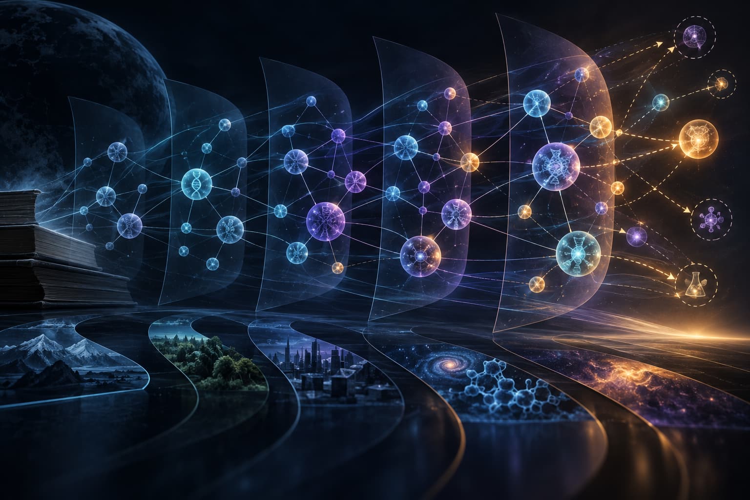 Un graphe de concepts évolue dans le temps pour relier des relations scientifiques.