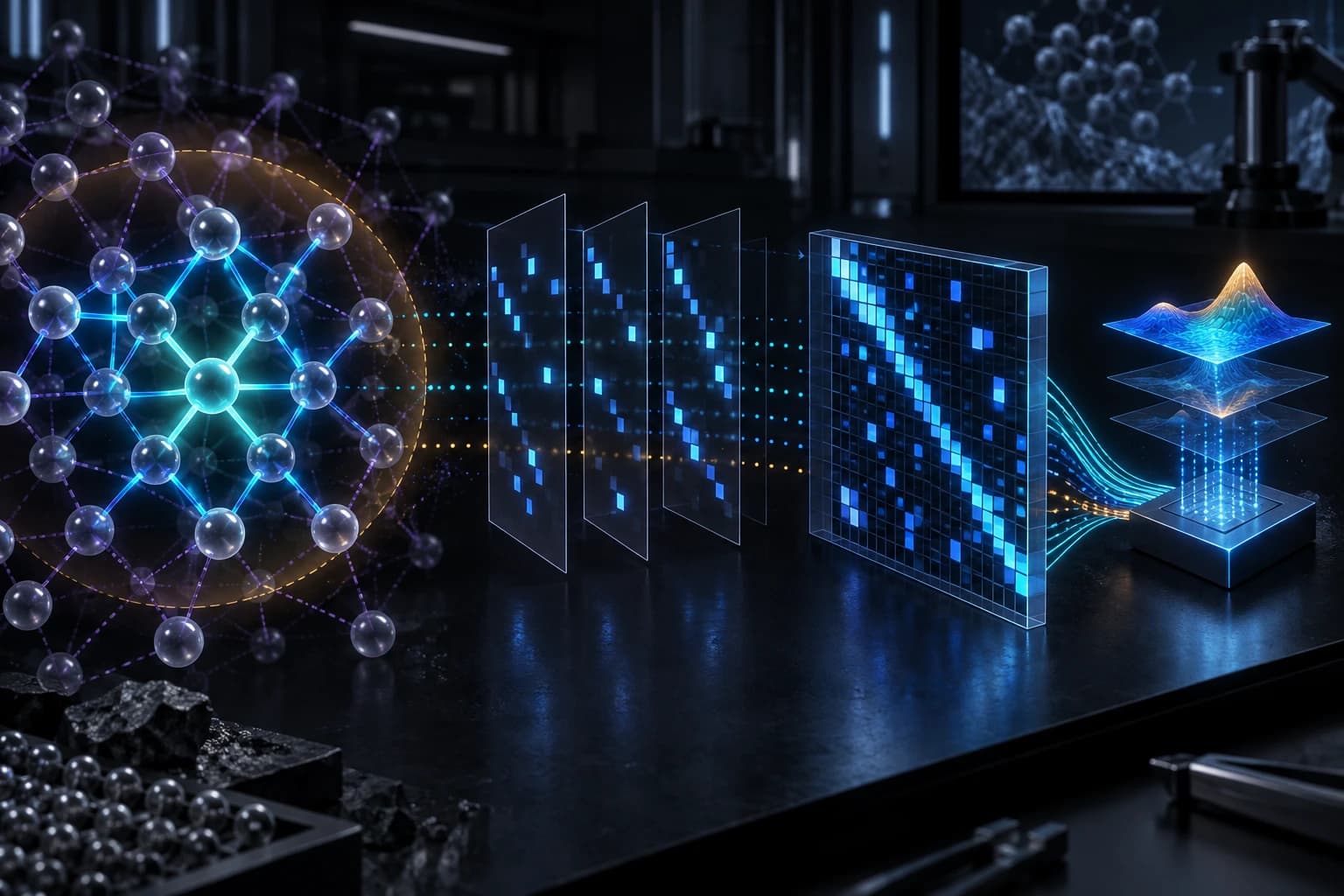 Un graphe atomique épars guide une différentiation tronquée des Hessiennes d’un potentiel interatomique.