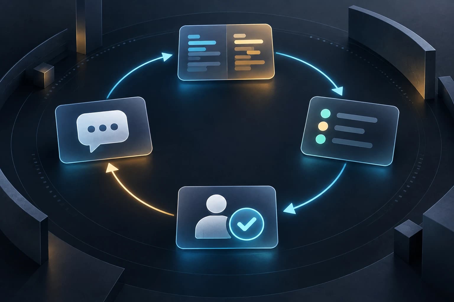 Quatre cartes relient un diff, des tests, un commentaire et une validation humaine dans une boucle de revue.