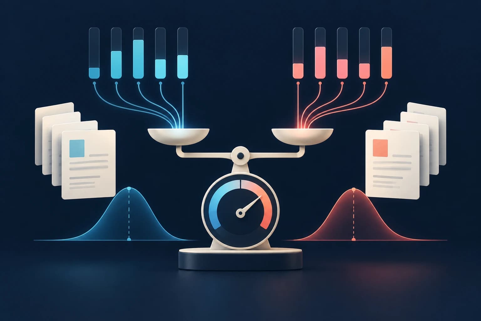 Cinq barres de probabilités rejoignent une balance, à côté de deux distributions et de cartes documentaires.