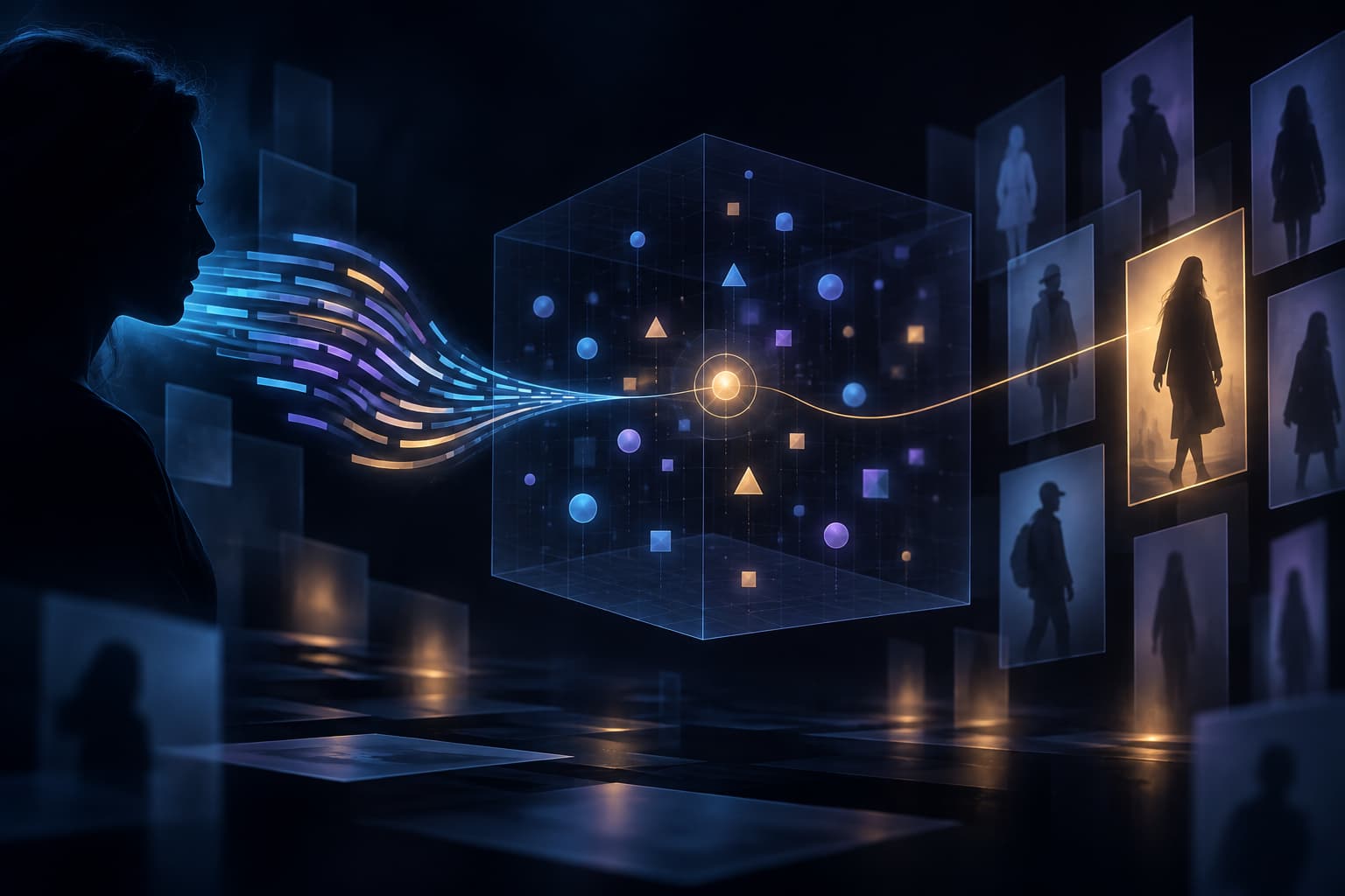 Une représentation relie une description textuelle à une recherche de personne entre simulation et réel.