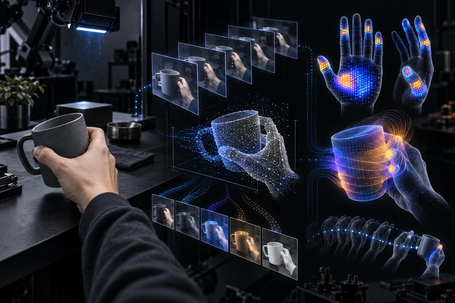 Une vidéo égocentrique aide à prédire la sensation tactile d’une main interagissant avec un objet.